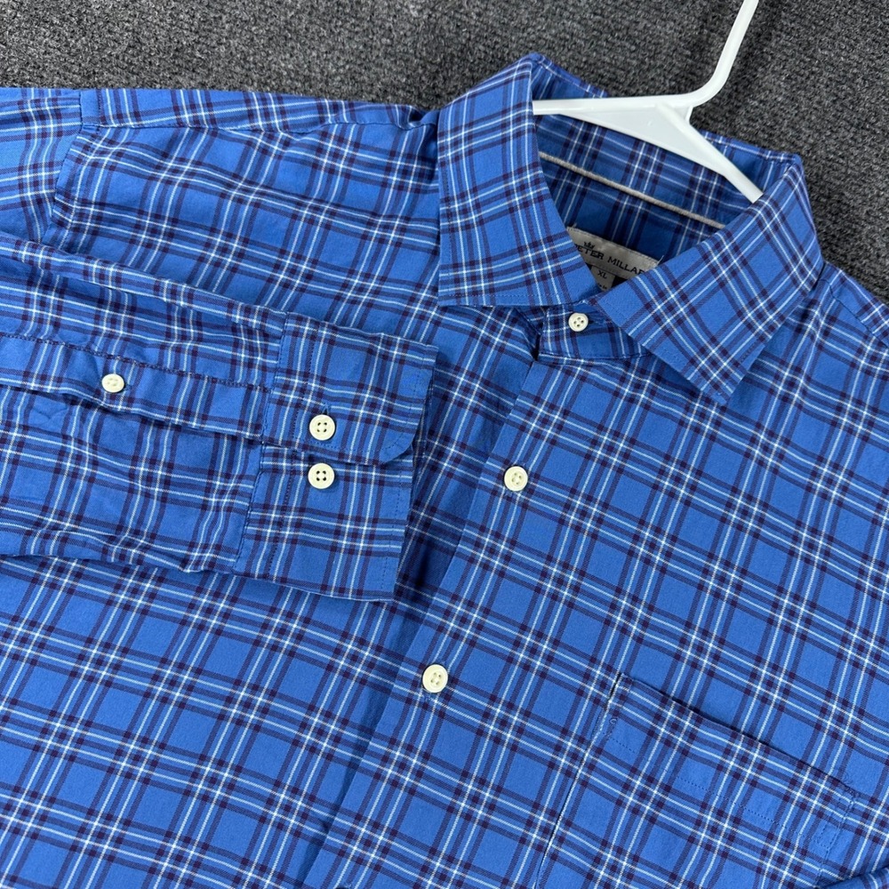 Peter Millar Button Down Mens XL Extra Large Blue Plaid Long Sleeve Cotton Shirt